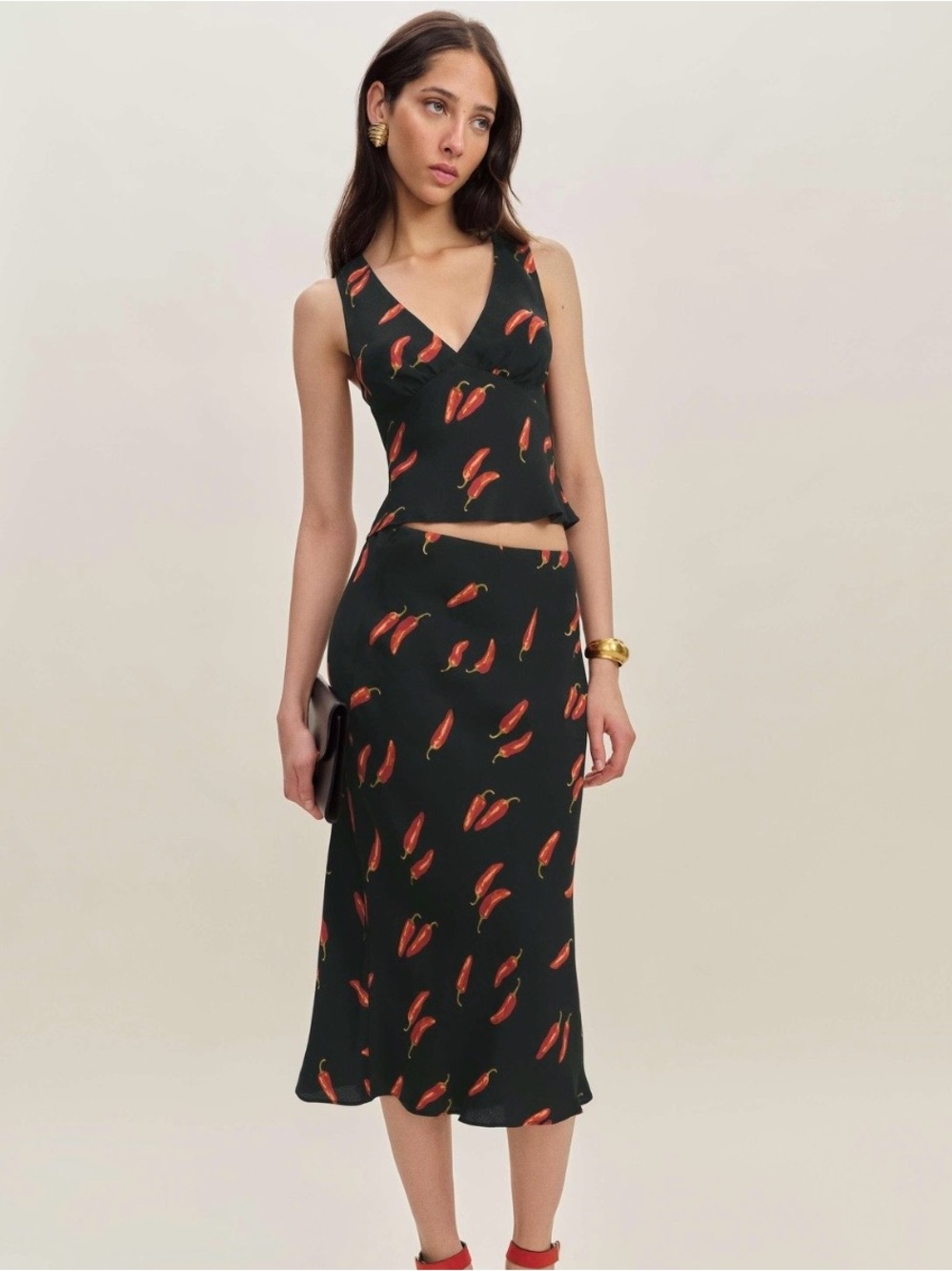 Reformation Black Midi Skirt with Red Chili Print